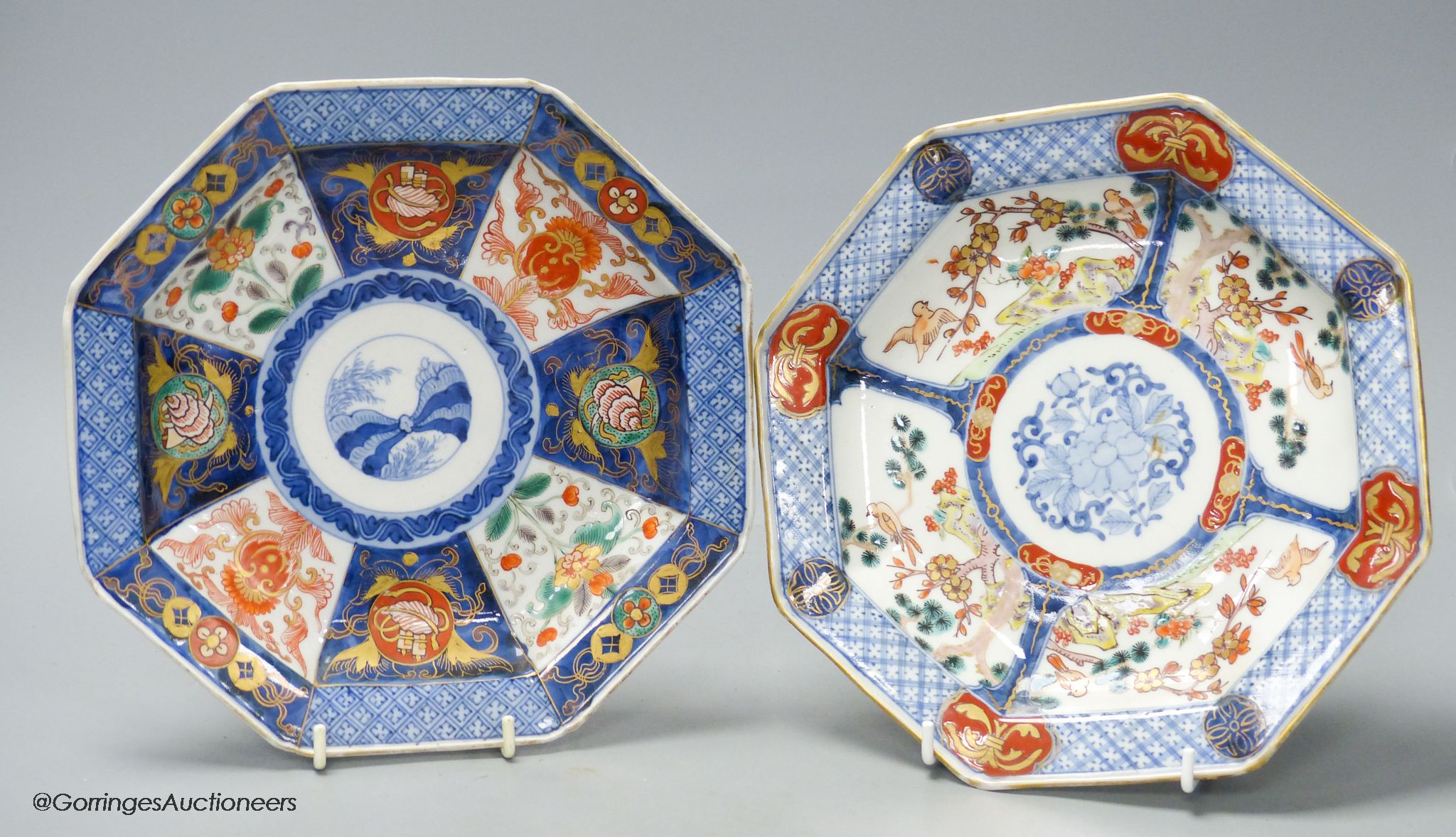 Two Japanese Imari octagonal plates, by Fukugawa, 21.5cm across, koransha marks